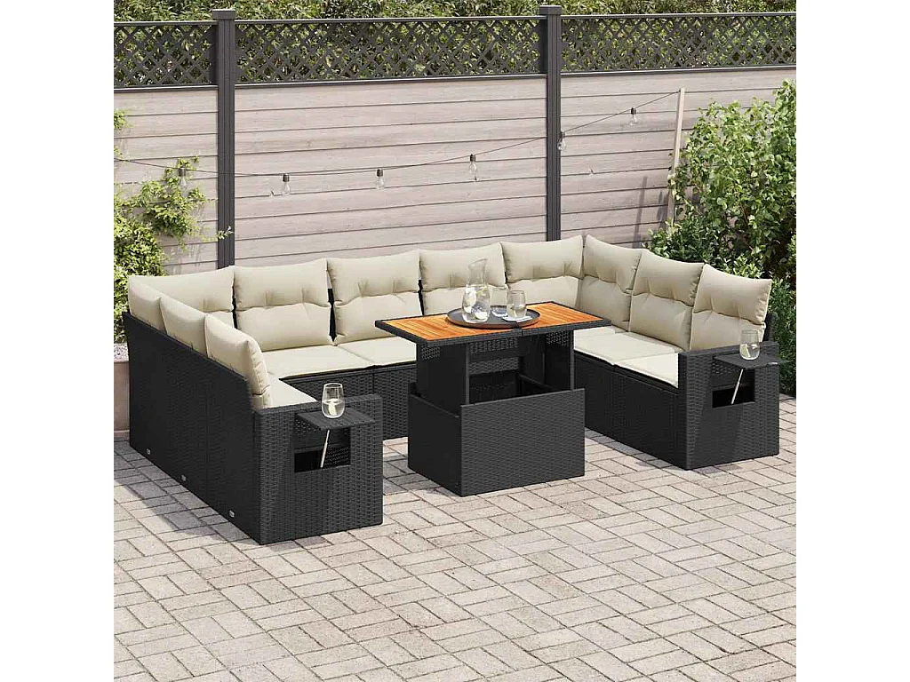 Salon de jardin 10 pcs avec coussins noir résine tressée