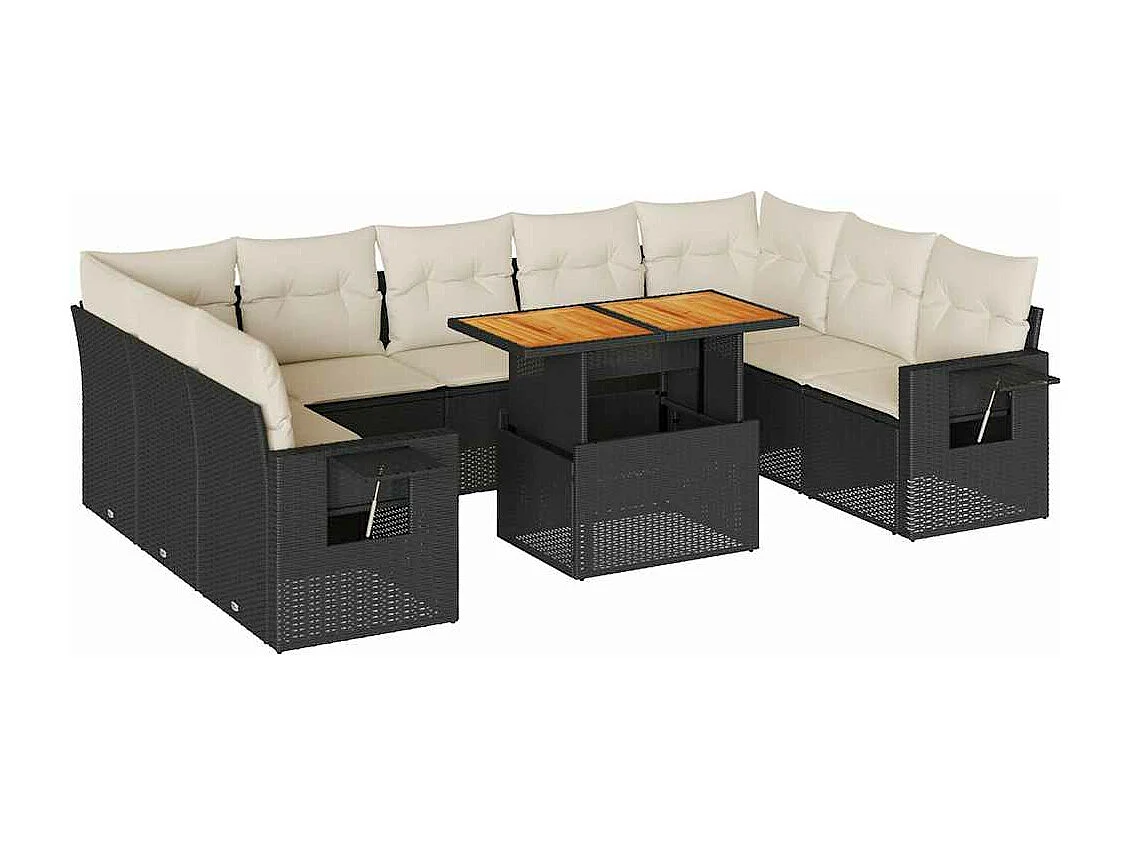 Salon de jardin 10 pcs avec coussins noir résine tressée
