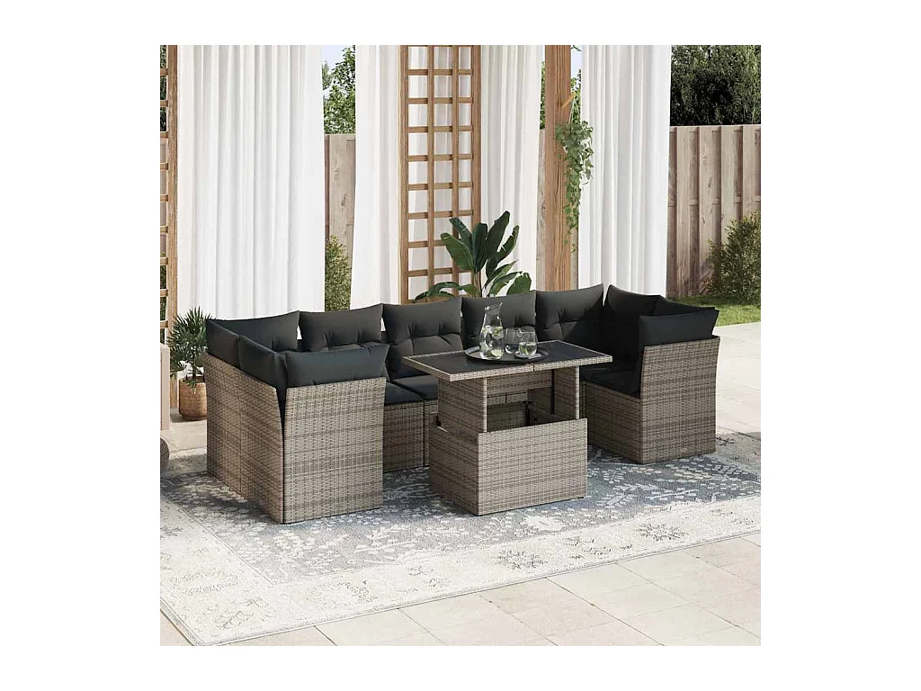 Salon de jardin 8 pcs avec coussins gris résine tressée