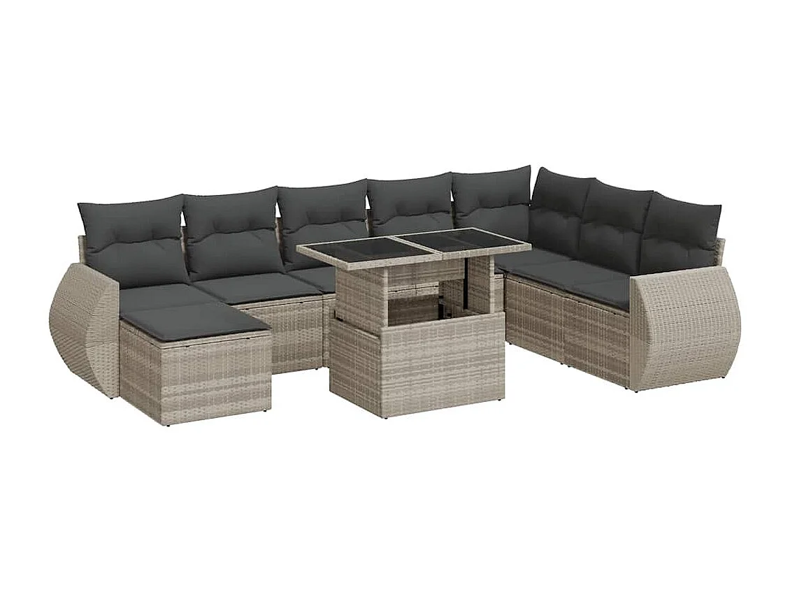 9-tlg. Garten-Sofagarnitur mit Kissen Hellgrau Poly Rattan