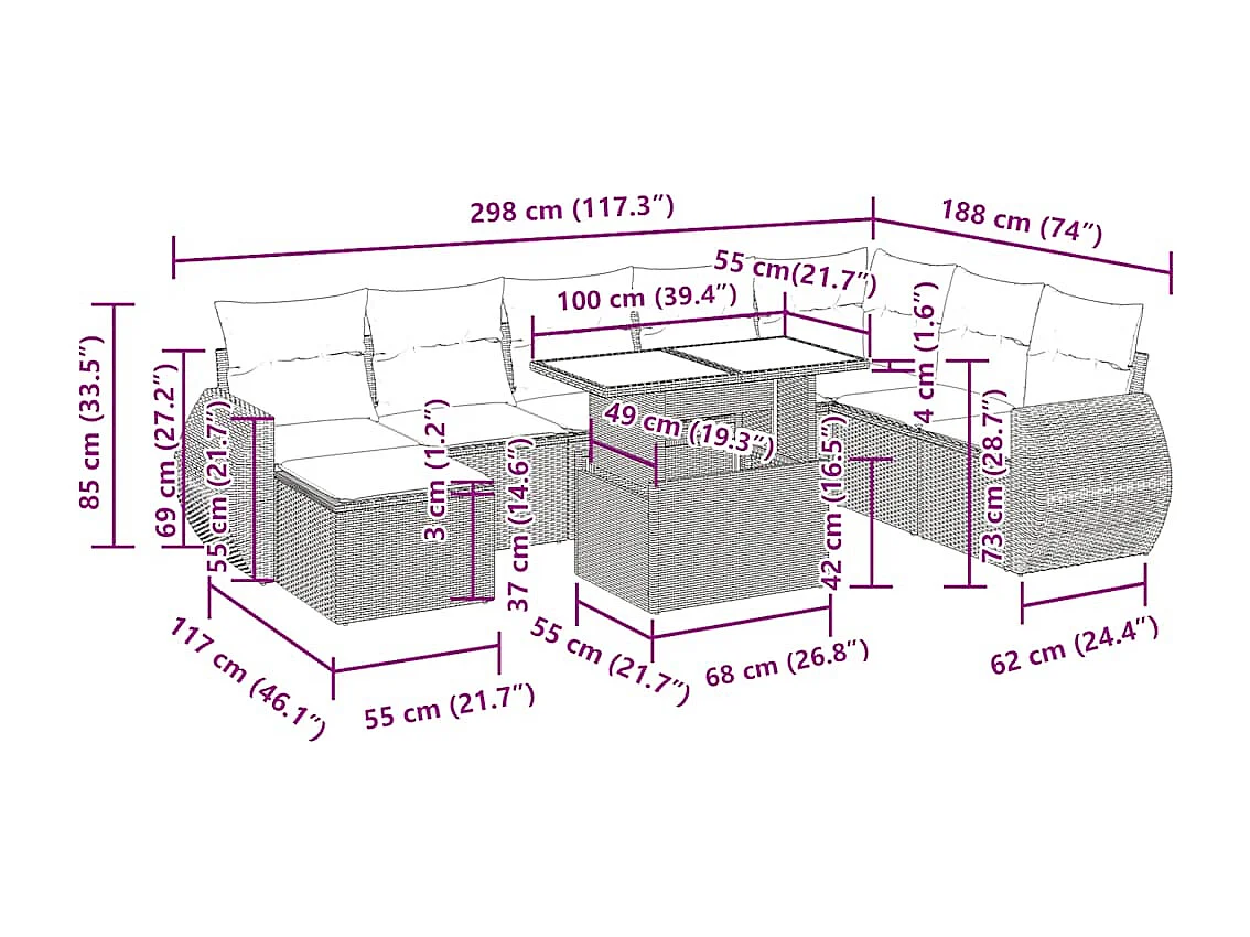 9-tlg. Garten-Sofagarnitur mit Kissen Hellgrau Poly Rattan