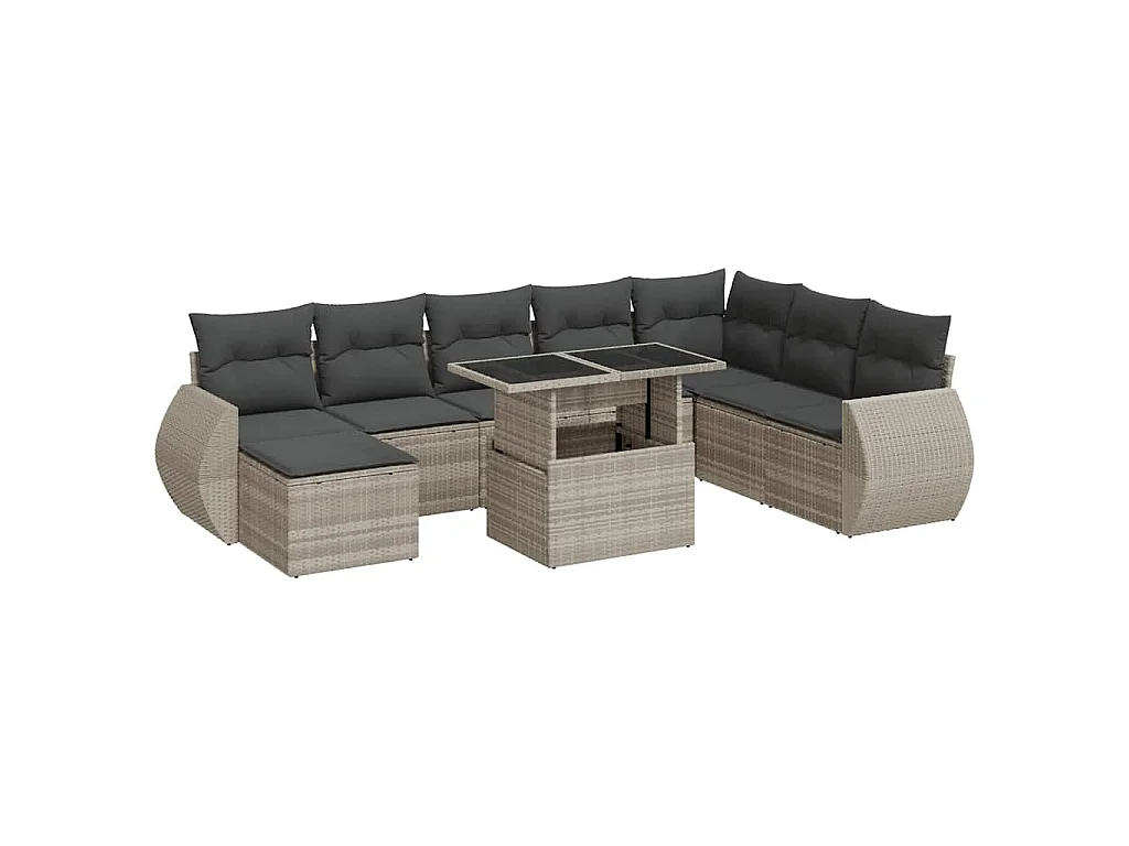 Salon de jardin 9 pcs avec coussins gris clair résine tressée
