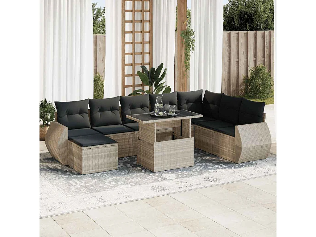Salon de jardin 9 pcs avec coussins gris clair résine tressée