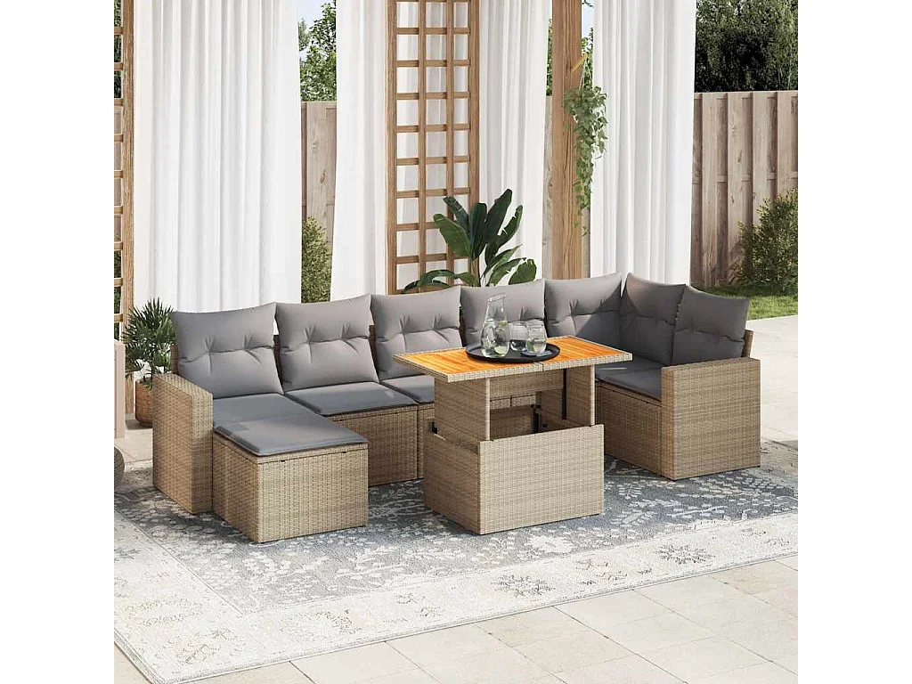 8-tlg. Garten-Sofagarnitur mit Kissen Beige Poly Rattan