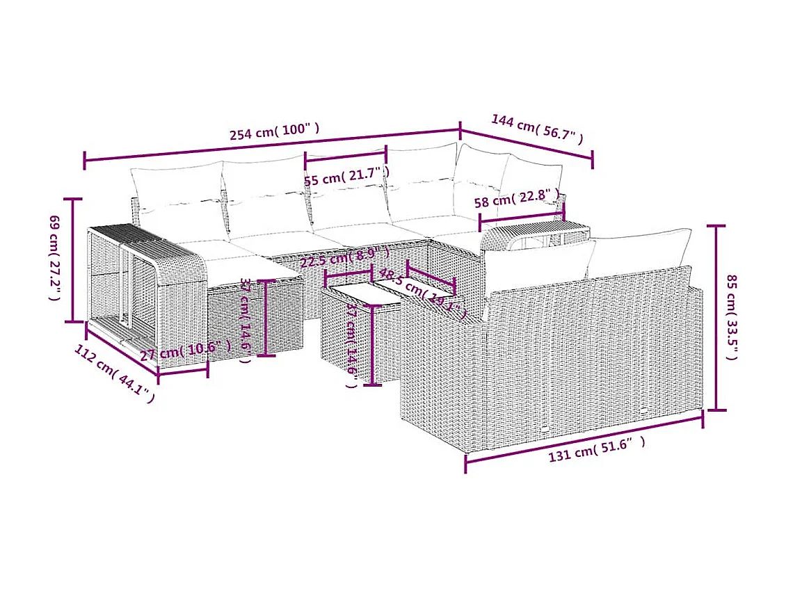 Set Divani da Giardino 11 pz con Cuscini Polyrattan Marrone