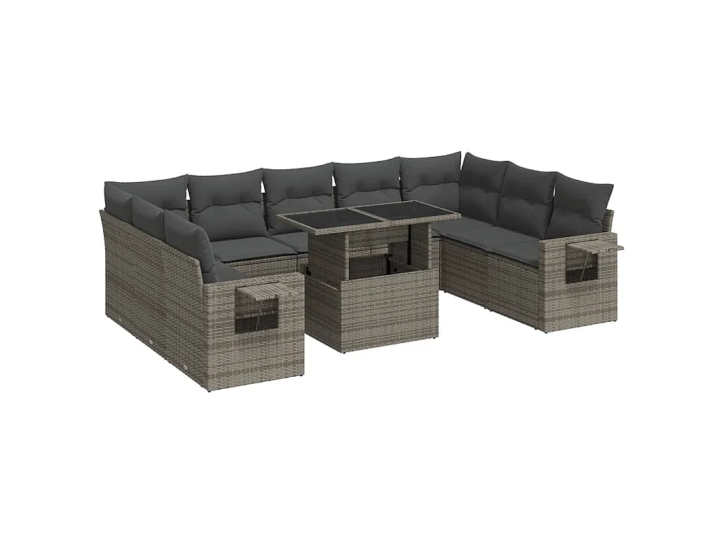 Salon de jardin avec coussins 10 pcs gris résine tressée