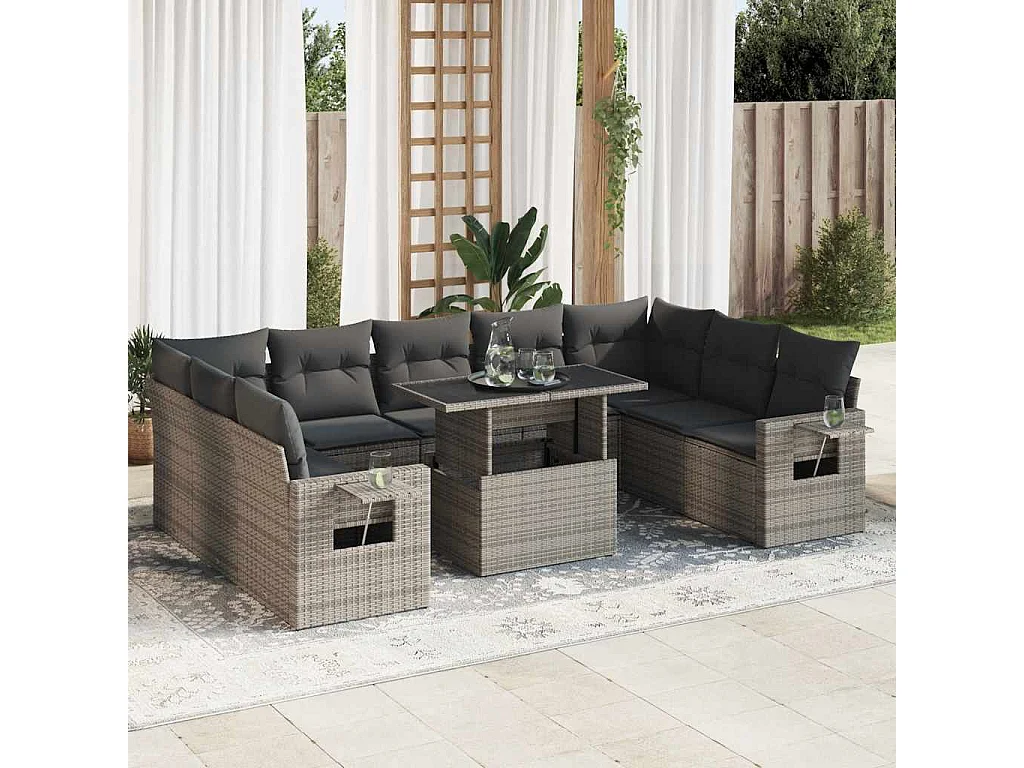 Salon de jardin avec coussins 10 pcs gris résine tressée