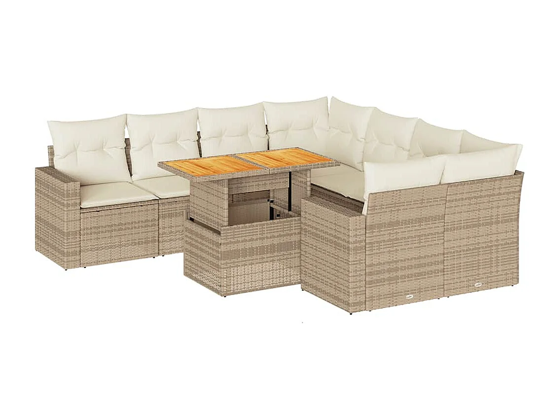 Set Divano da Giardino 9 pz con Cuscini Beige in Polyrattan