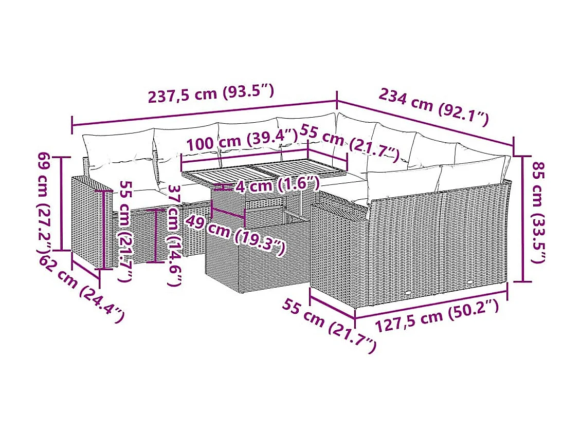 Set Divano da Giardino 9 pz con Cuscini Beige in Polyrattan