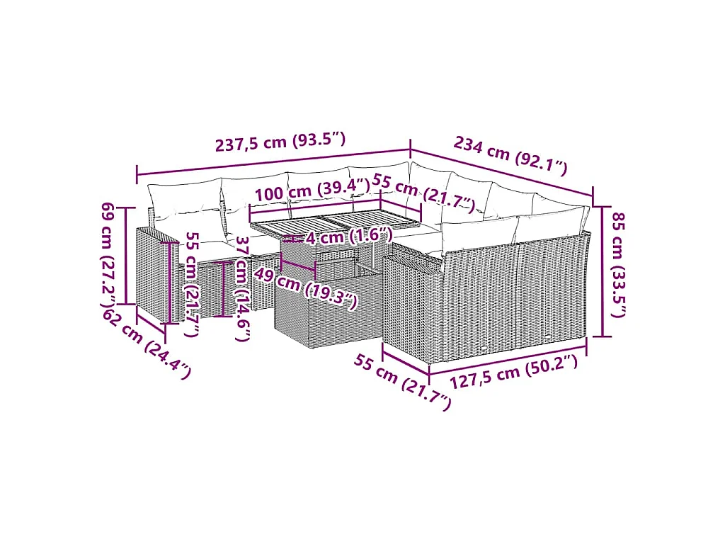 9-tlg. Garten-Sofagarnitur mit Kissen Beige Poly Rattan
