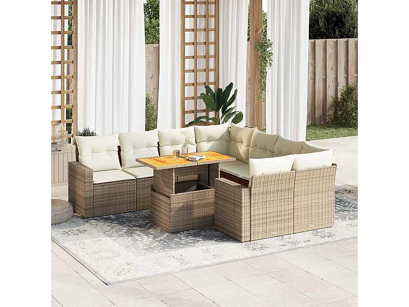 Set Divano da Giardino 9 pz con Cuscini Beige in Polyrattan