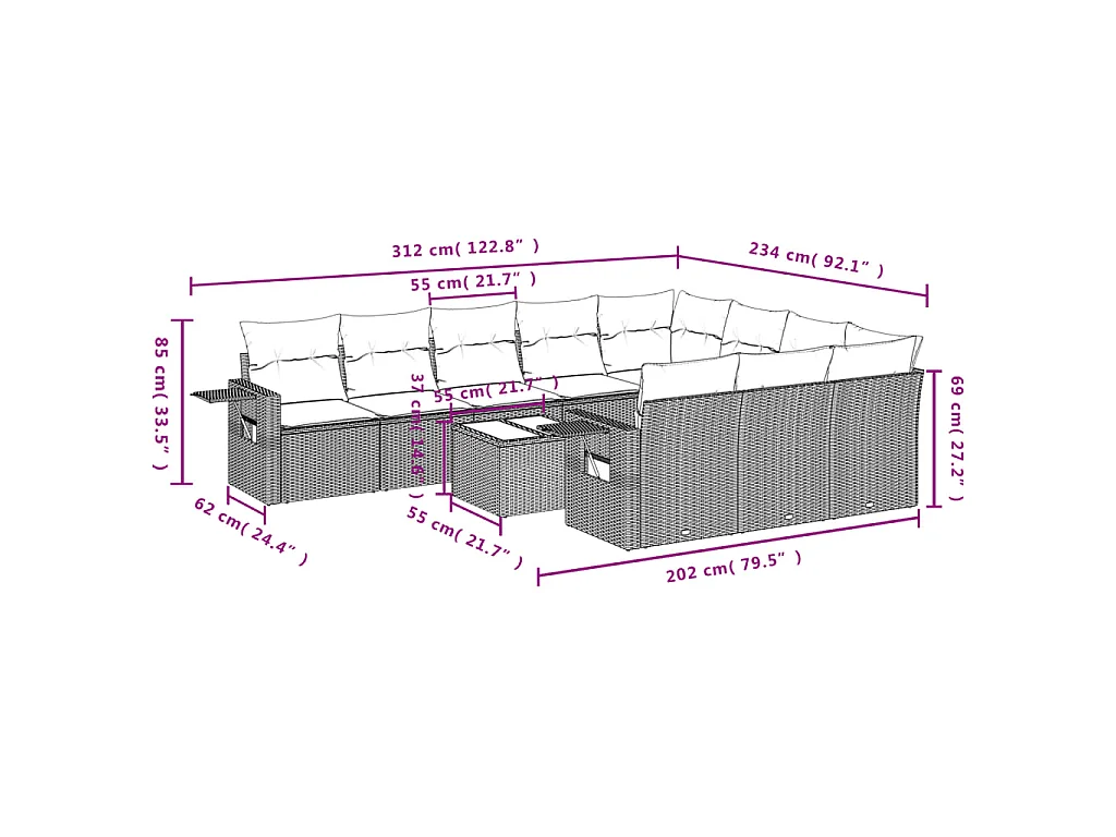 11-delige Loungeset met kussens poly rattan bruin