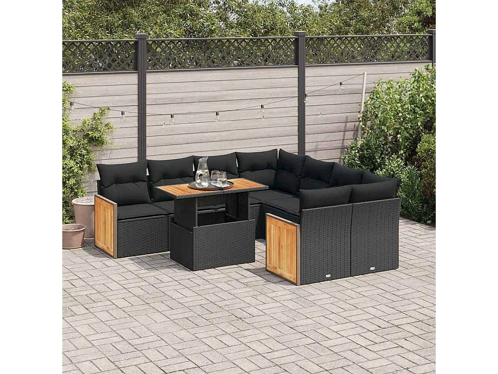 9-tlg. Garten-Sofagarnitur mit Kissen Schwarz Poly Rattan