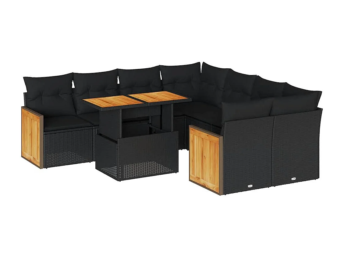 9-tlg. Garten-Sofagarnitur mit Kissen Schwarz Poly Rattan