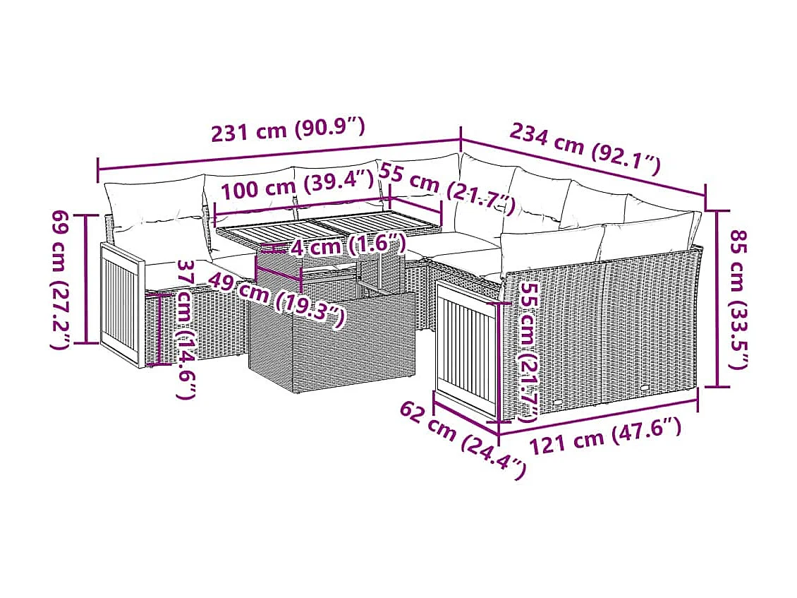 9-tlg. Garten-Sofagarnitur mit Kissen Schwarz Poly Rattan