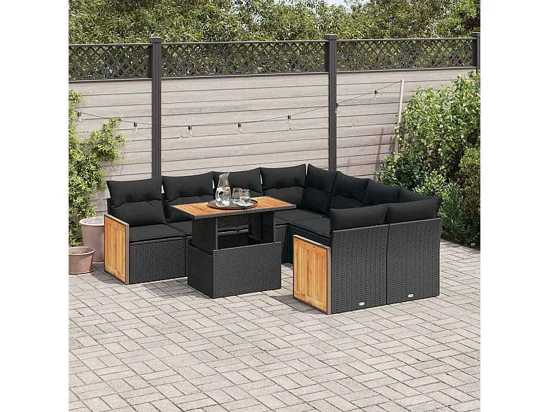 9-tlg. Garten-Sofagarnitur mit Kissen Schwarz Poly Rattan