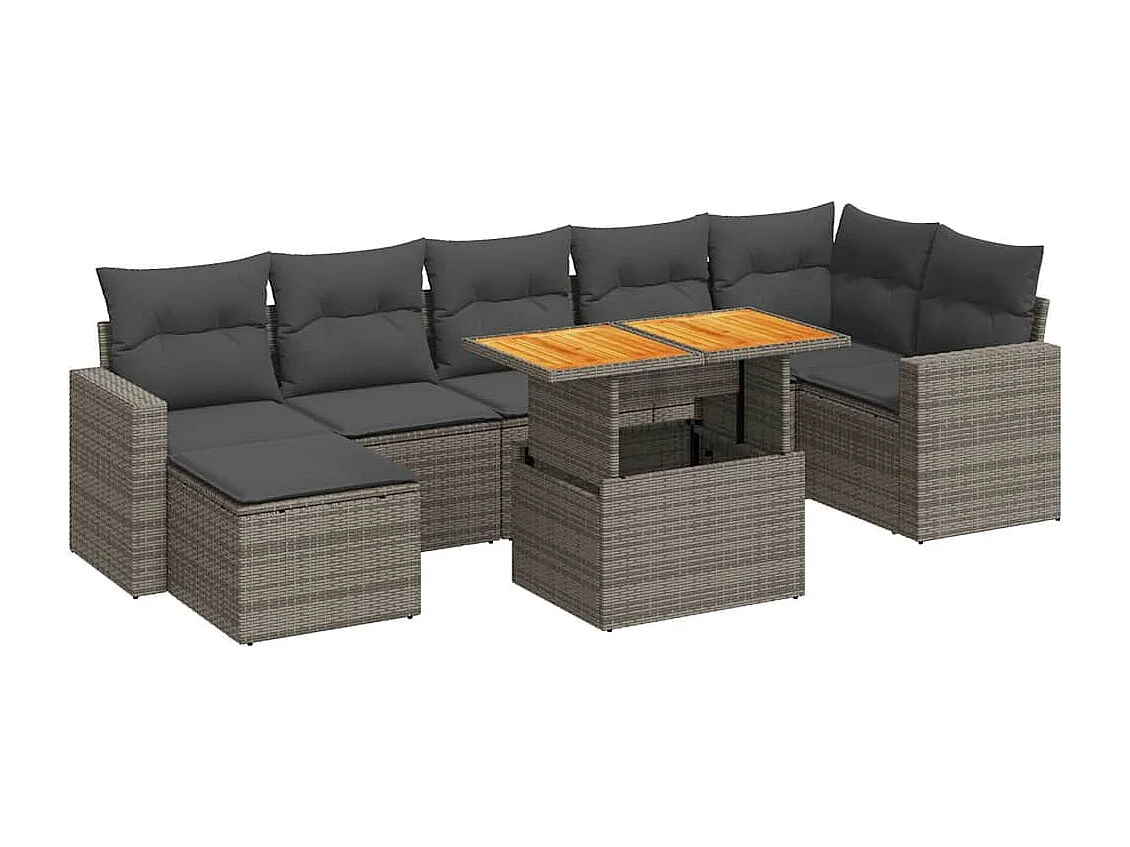 8 pcs conjunto sofás de jardim c/ almofadões vime PE cinzento