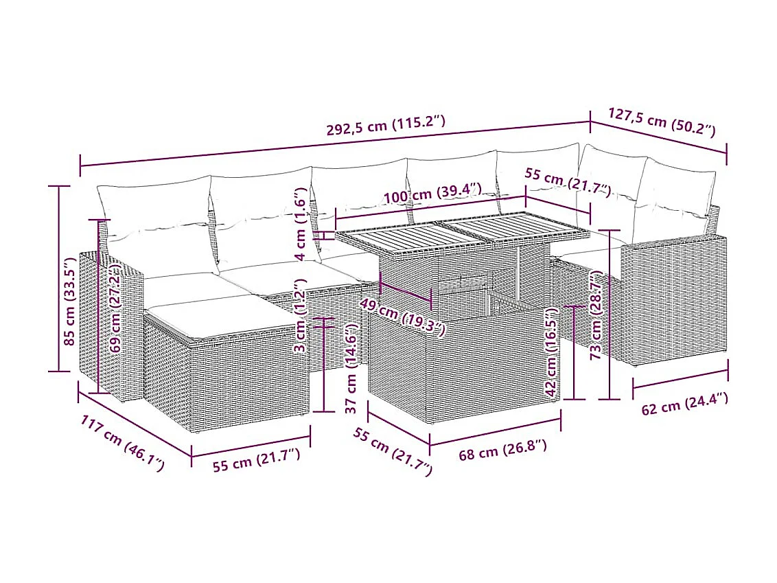 8 pcs conjunto sofás de jardim c/ almofadões vime PE cinzento