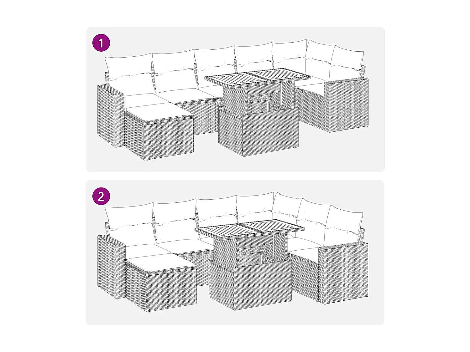 8 pcs conjunto sofás de jardim c/ almofadões vime PE cinzento