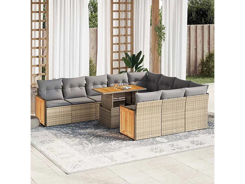 11 pcs conjunto sofás jardim c/ almofadões vime PE/acácia bege