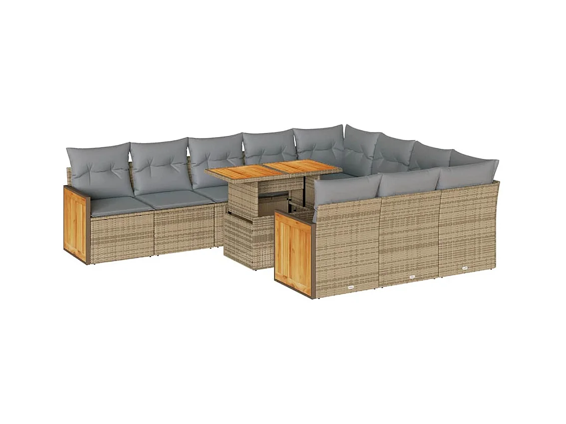 Salon de jardin 11pcs avec coussins beige résine tressée acacia