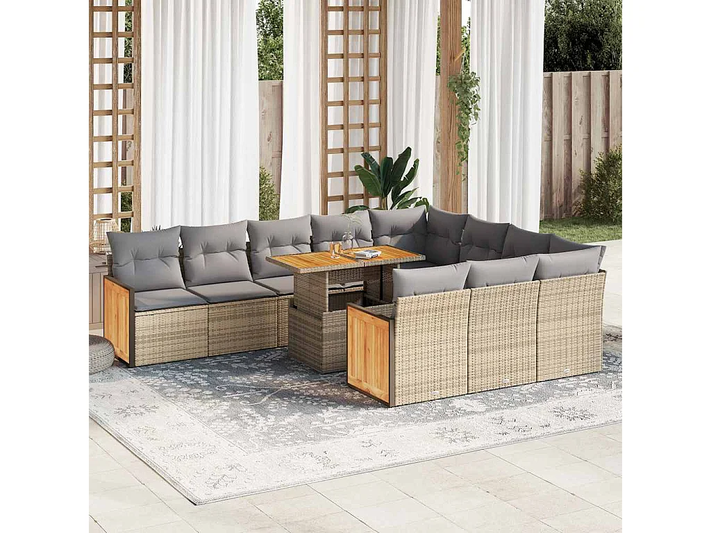 11 pcs conjunto sofás jardim c/ almofadões vime PE/acácia bege