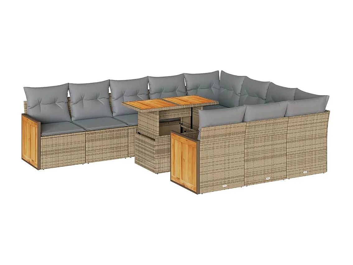 11 pcs conjunto sofás jardim c/ almofadões vime PE/acácia bege