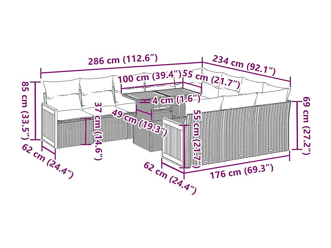11 pcs conjunto sofás jardim c/ almofadões vime PE/acácia bege