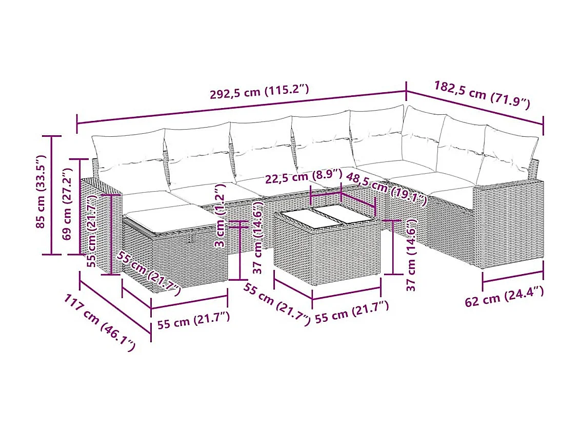 Salon de jardin avec coussins 9 pcs beige résine tressée