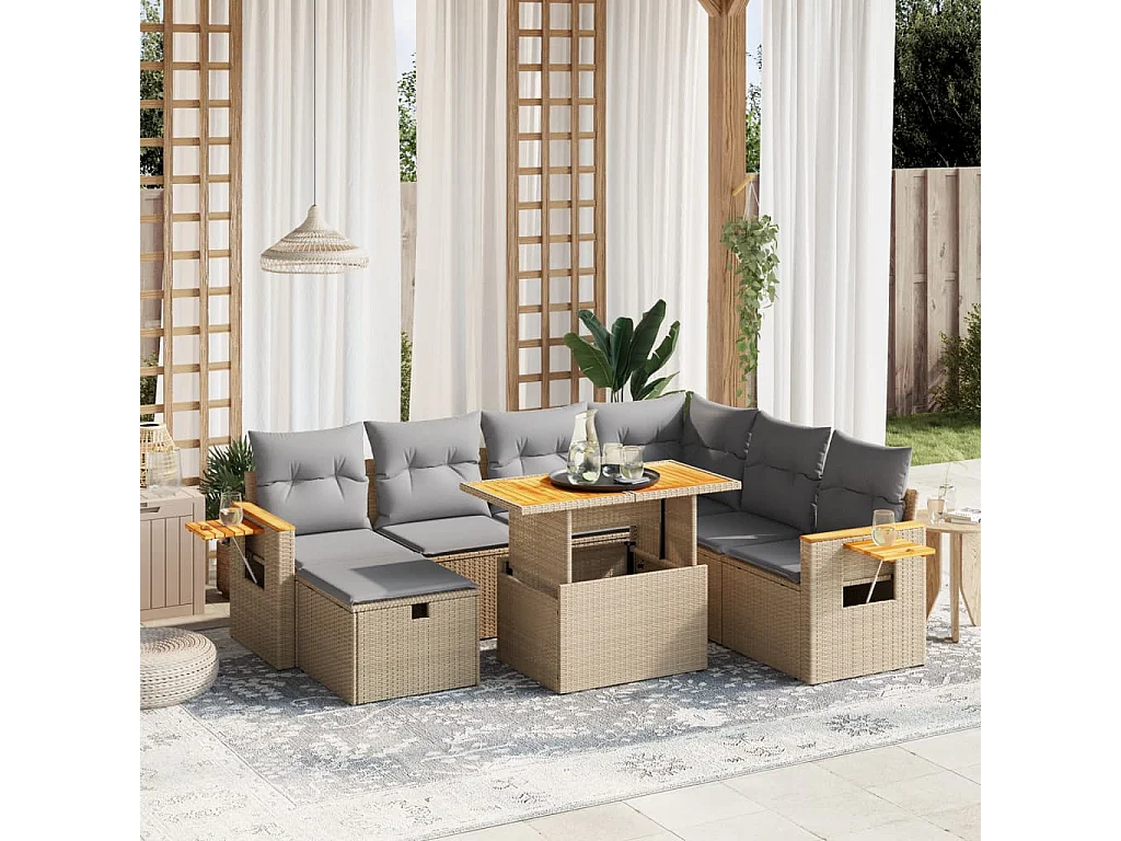8-tlg. Garten-Sofagarnitur mit Kissen Beige Poly Rattan