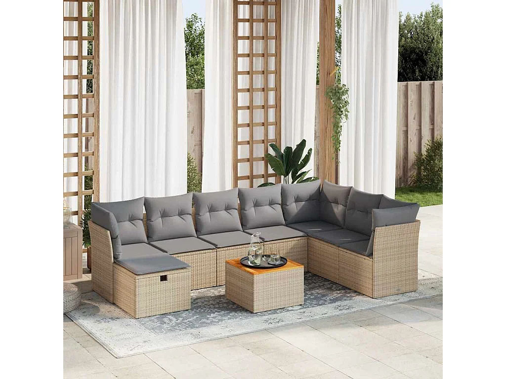 Set Divano da Giardino 9 pz con Cuscini Beige in Polyrattan