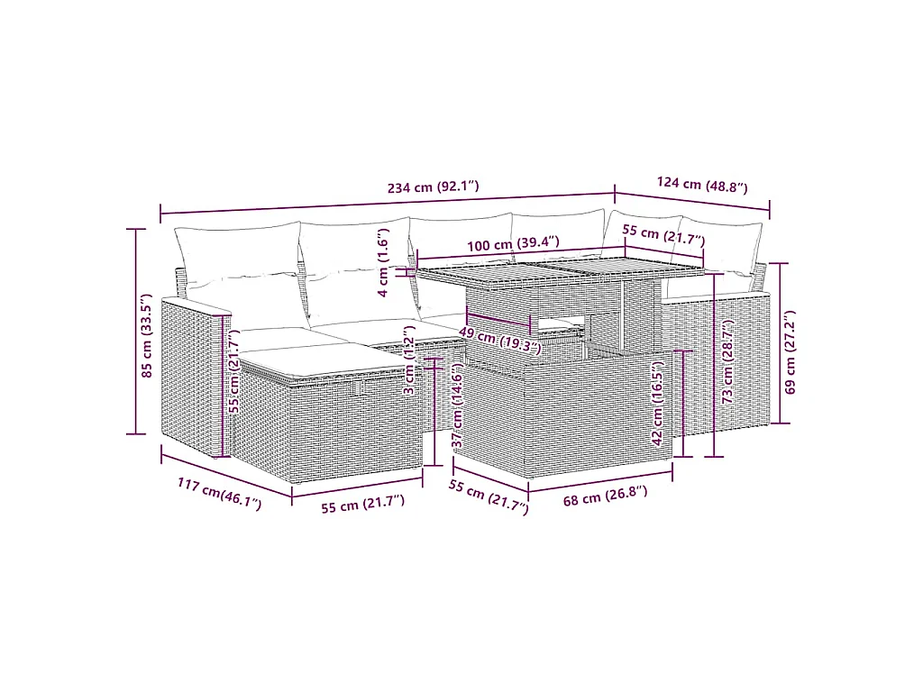 8-delige Loungeset met kussens poly rattan zwart