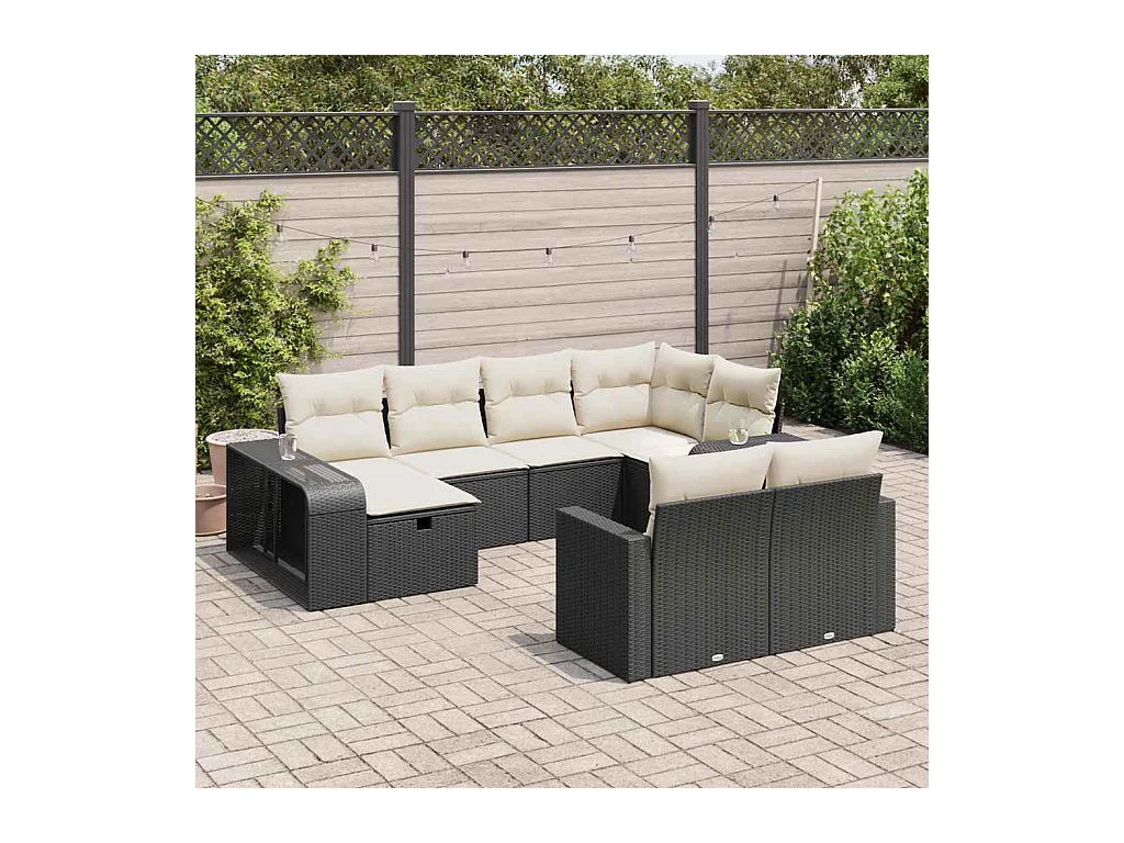 Set de sofás de jardín y cojines 10 pzas ratán sintético negro