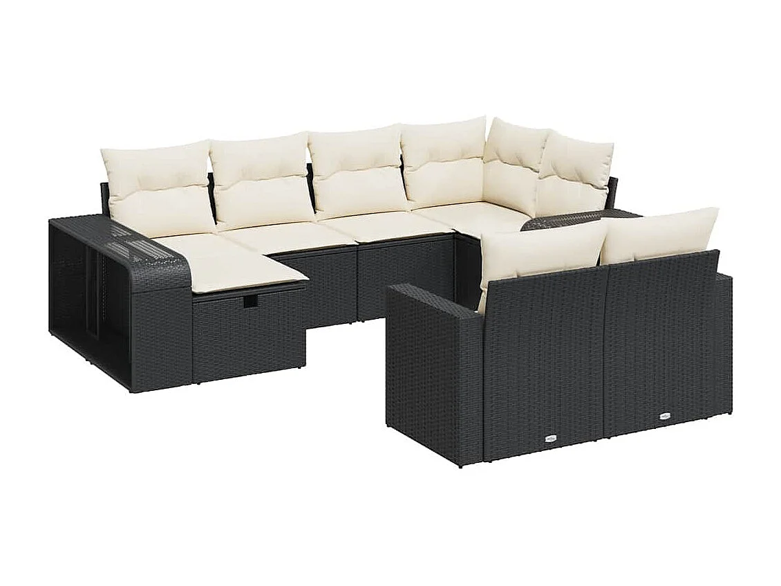 10-delige Loungeset met kussens poly rattan zwart
