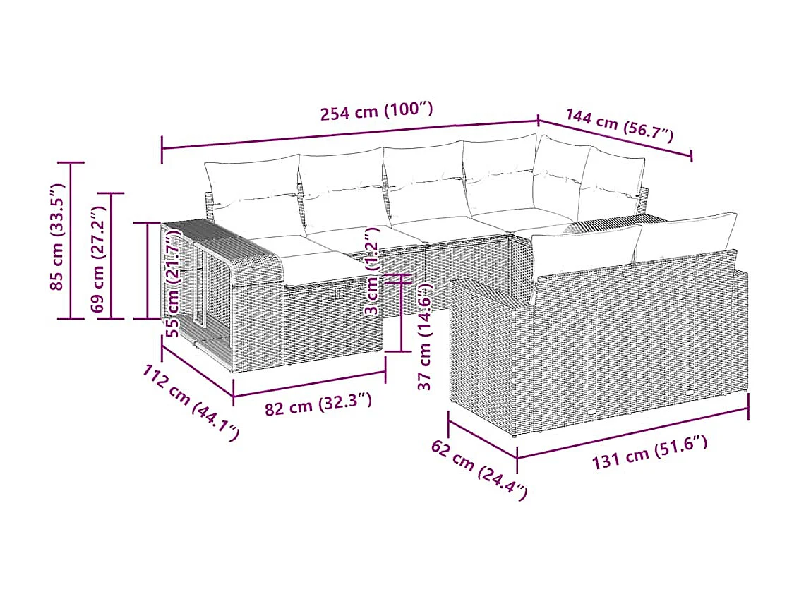 10-delige Loungeset met kussens poly rattan zwart