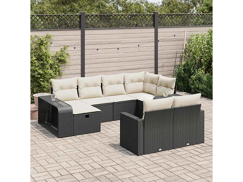 Salon de jardin 10 pcs avec coussins noir résine tressée