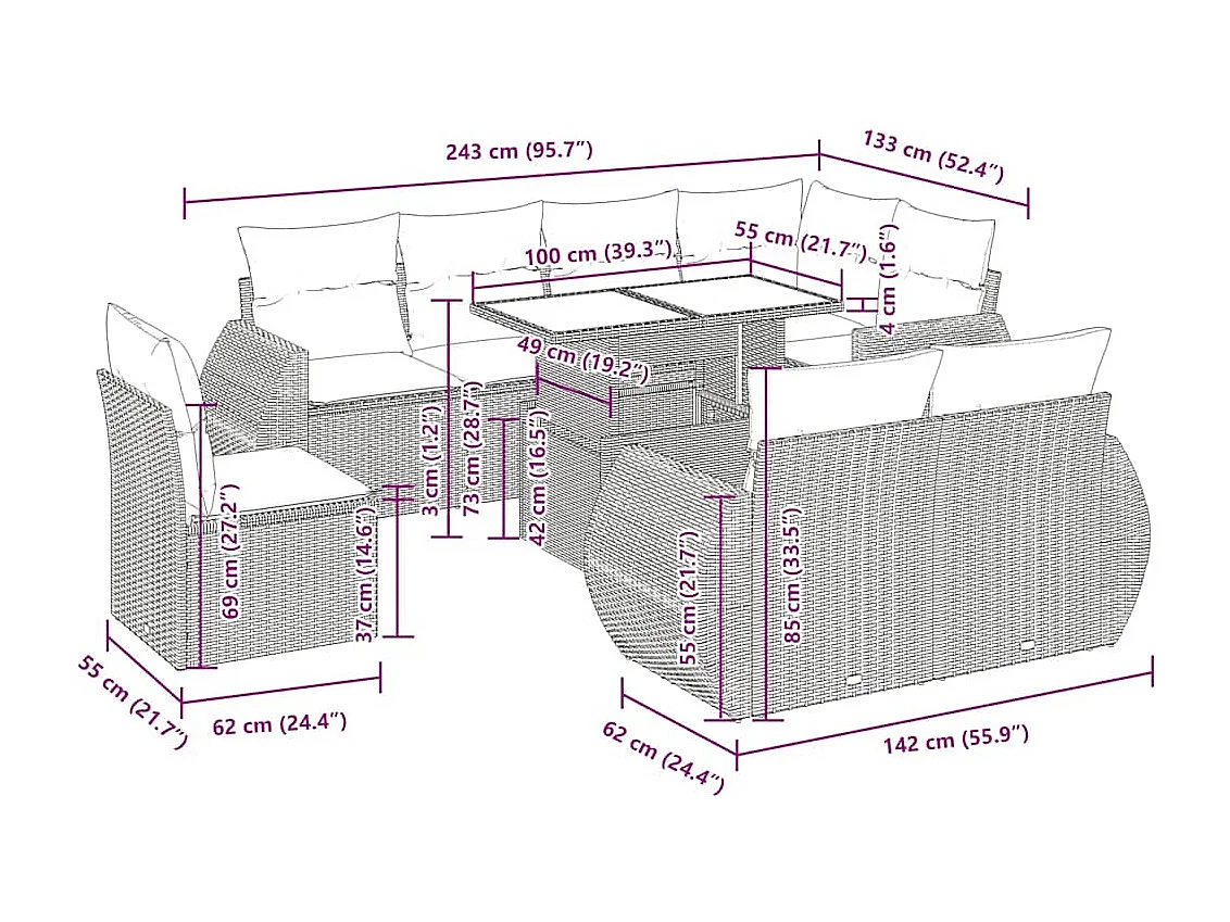 Set de sofás de jardín 9 pzas y cojines ratán sintético marrón