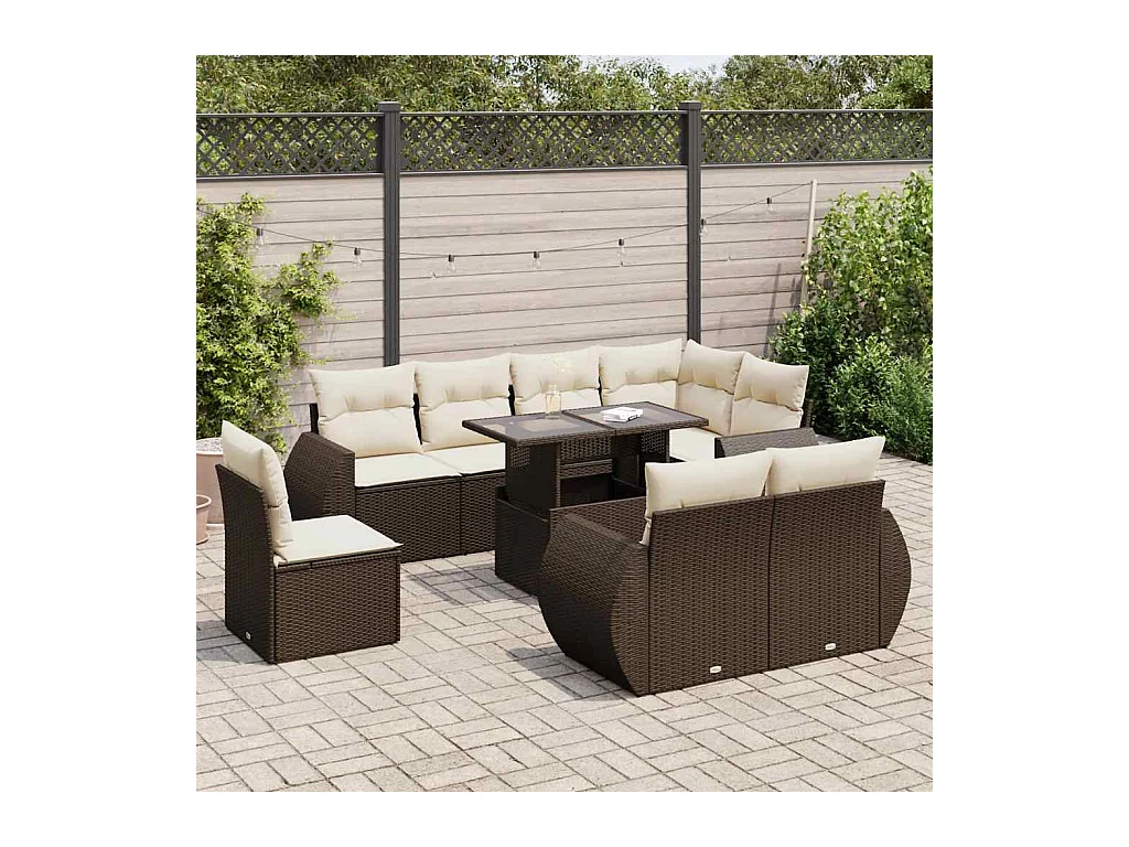 Salon de jardin avec coussins 9 pcs marron résine tressée