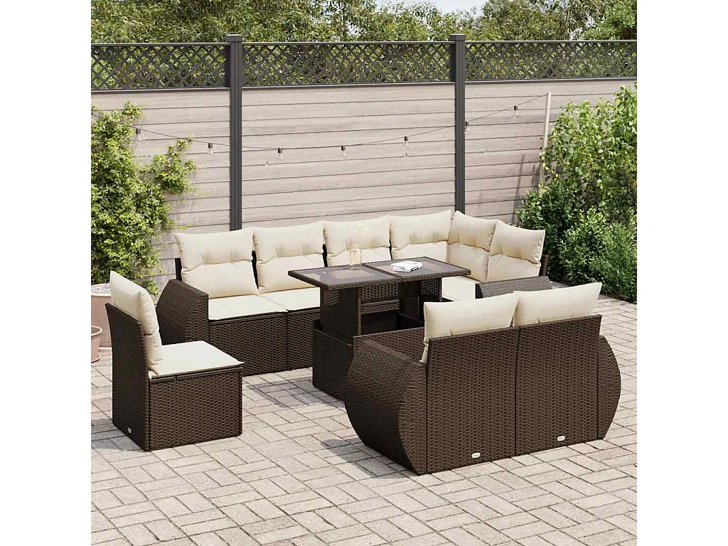 Salon de jardin avec coussins 9 pcs marron résine tressée