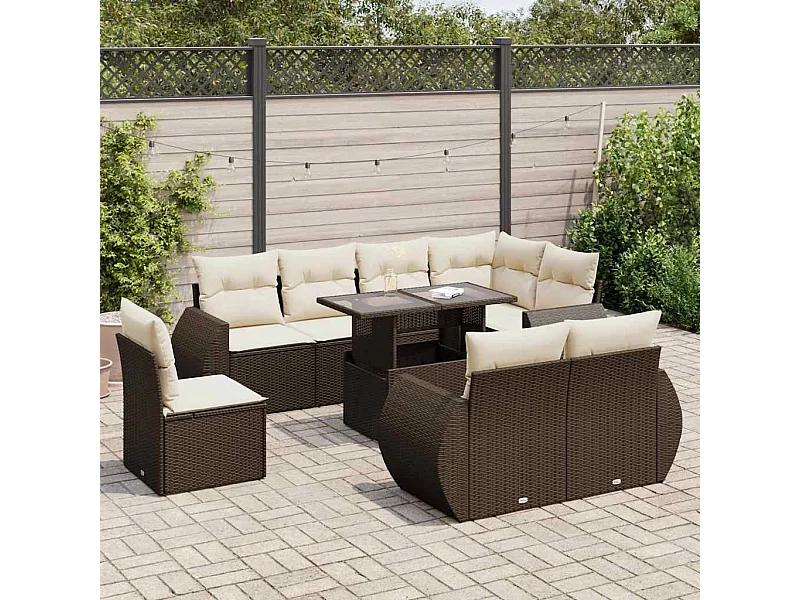 Salon de jardin avec coussins 9 pcs marron résine tressée