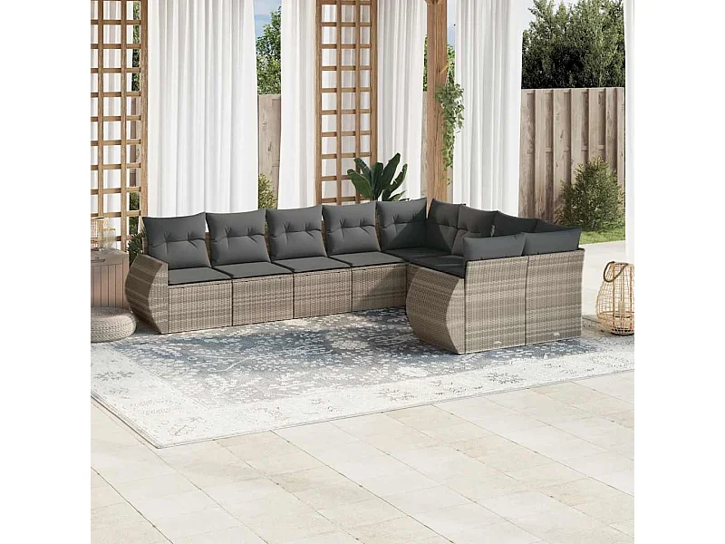 9-tlg. Garten-Sofagarnitur mit Kissen Hellgrau Poly Rattan