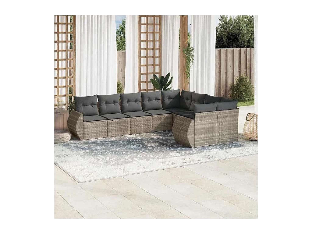 Set Divano da Giardino 9pz con Cuscini Grigio Chiaro Polyrattan