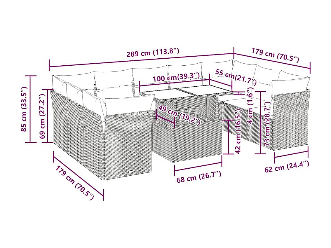Set Divani da Giardino 10pz con Cuscini in Polyrattan Nero