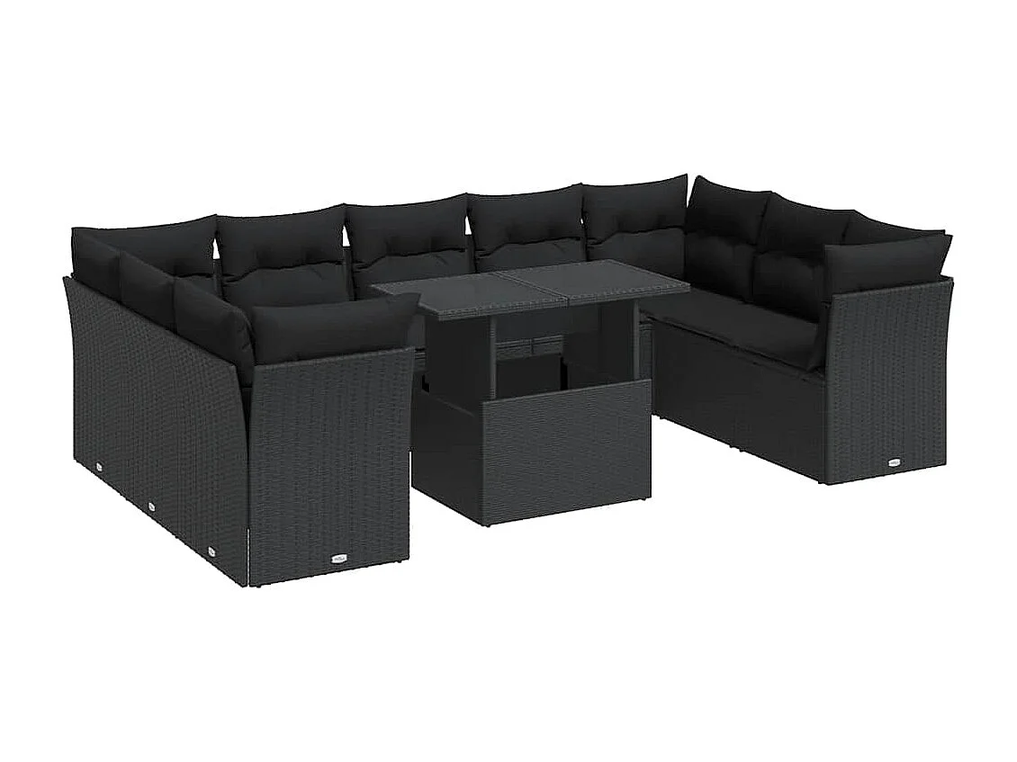 Set Divani da Giardino 10pz con Cuscini in Polyrattan Nero