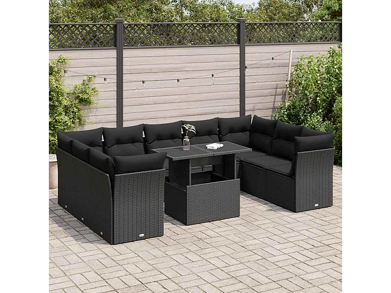 Salon de jardin 10 pcs avec coussins noir résine tressée