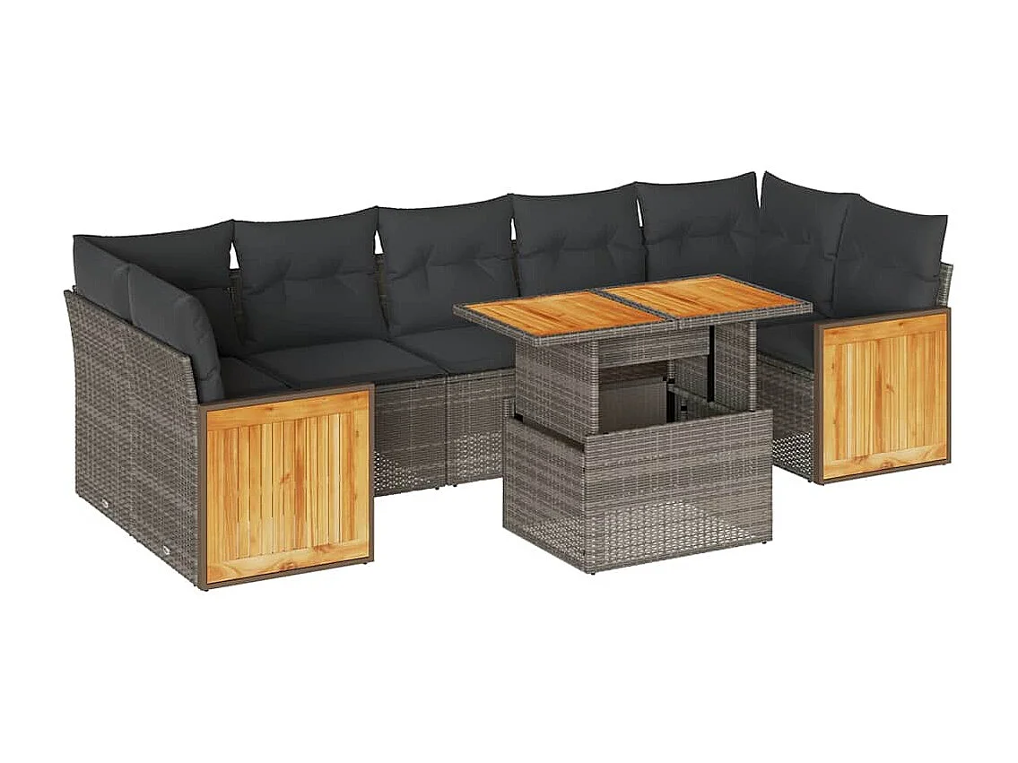 Salon de jardin avec coussins 8 pcs gris résine tressée acacia