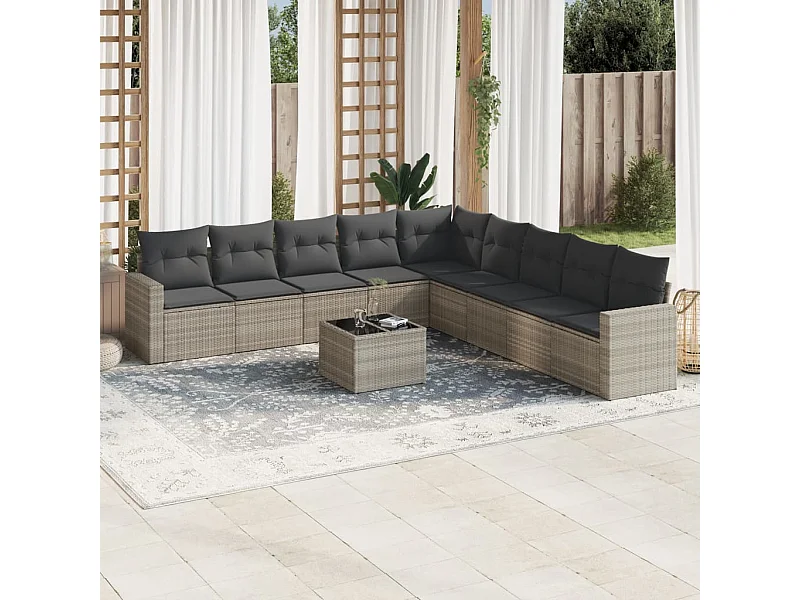 10-tlg. Garten-Sofagarnitur mit Kissen Hellgrau Poly Rattan