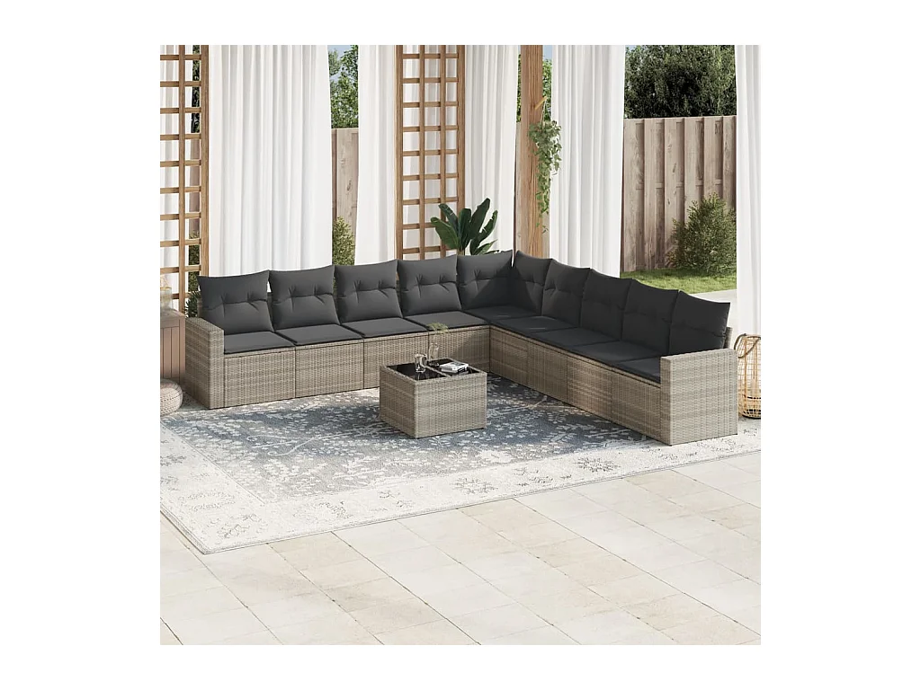 10-tlg. Garten-Sofagarnitur mit Kissen Hellgrau Poly Rattan