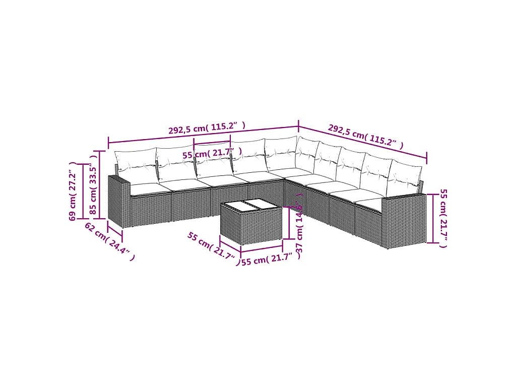 10-delige Loungeset met kussens poly rattan lichtgrijs