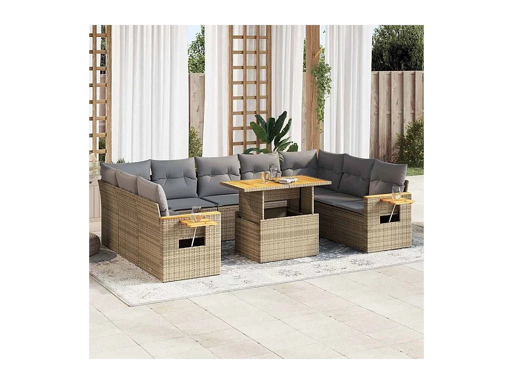 Salon de jardin avec coussins 10pcs beige résine tressée acacia